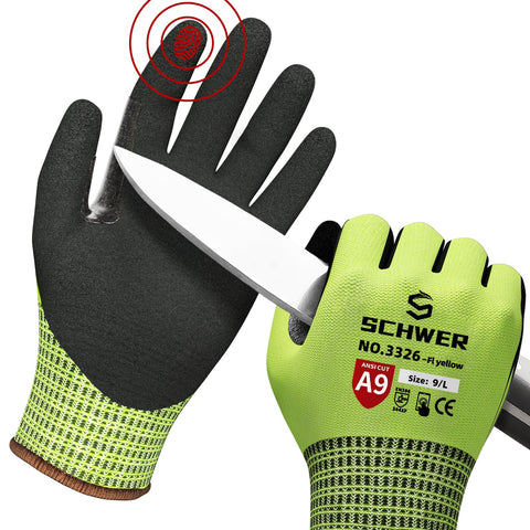 Schwer ProGuard gloves with cut-resistant shell and sandy nitrile palm for precise handling.