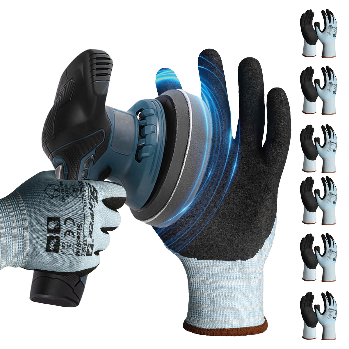 Schwer safety gloves with sandy nitrile coating grip oily tools effectively.