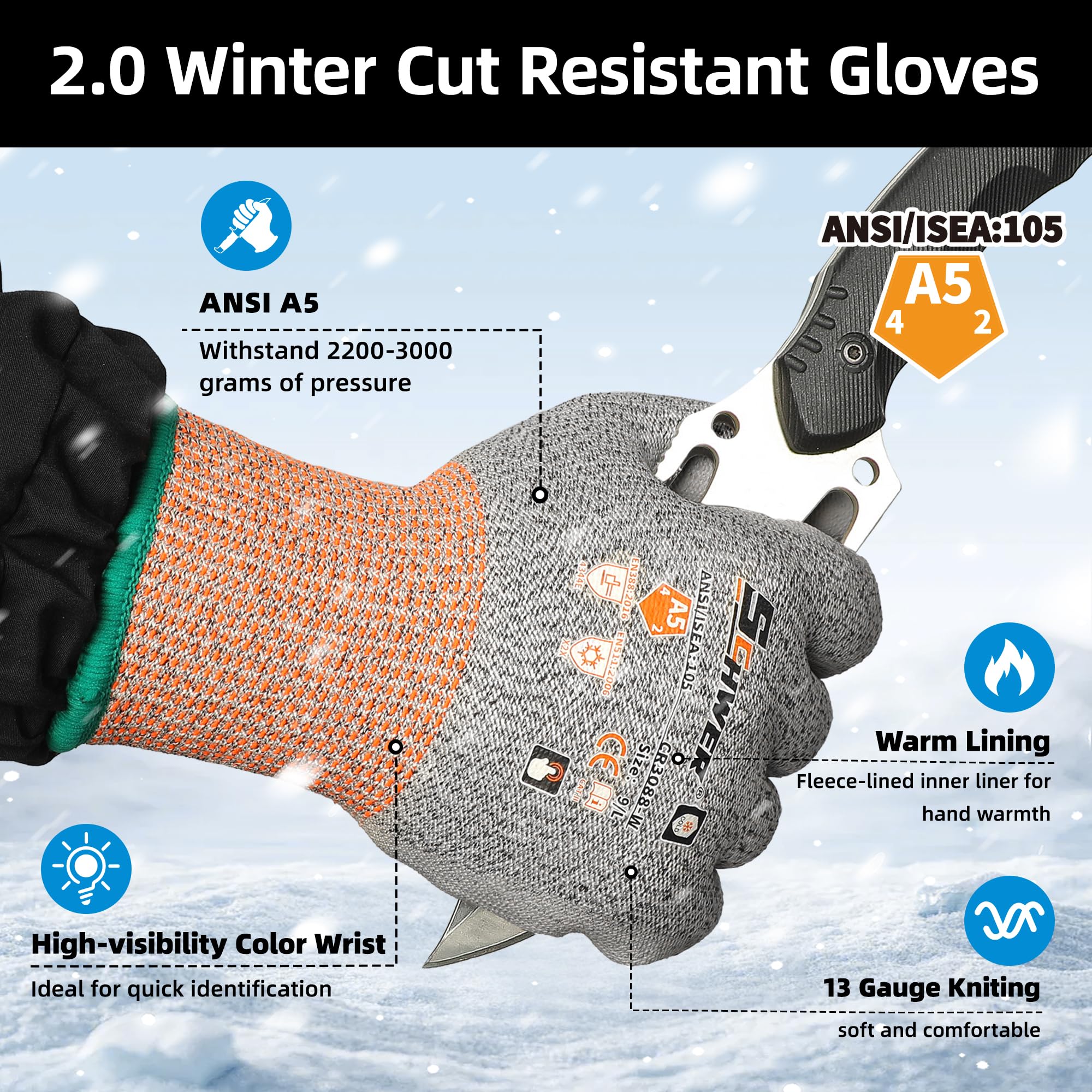 Schwer gloves show ANSI Cut Level 5 protection for sharp materials.