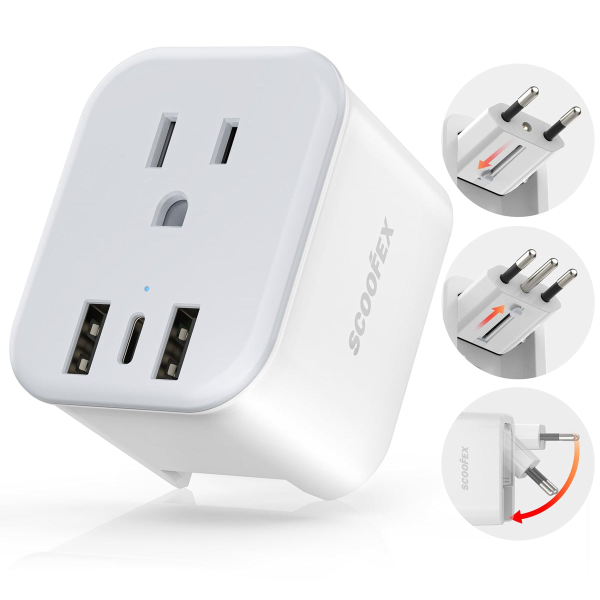 SCOOFEX foldable EU travel adapter front view for compact packing and fast USB access.