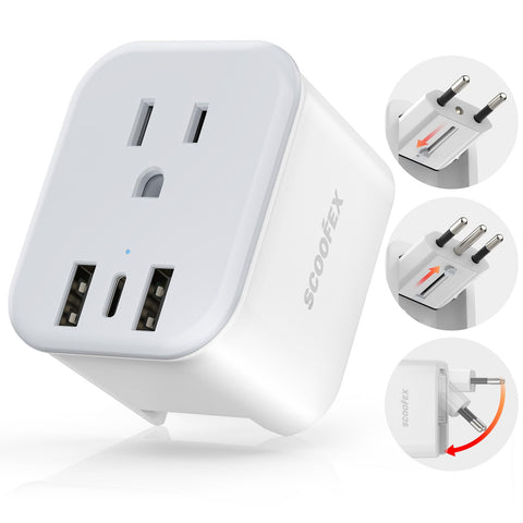 SCOOFEX foldable EU travel adapter front view for compact packing and fast USB access.