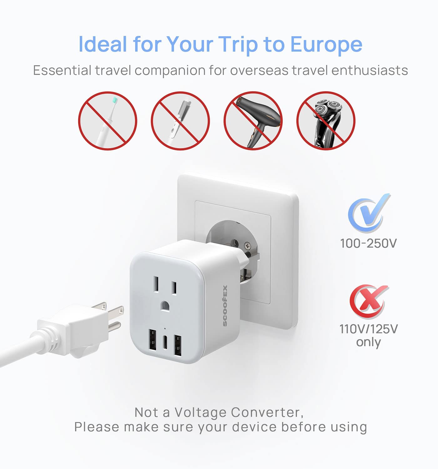 SCOOFEX EU adapter with Type C and Type L compatibility across major European destinations.