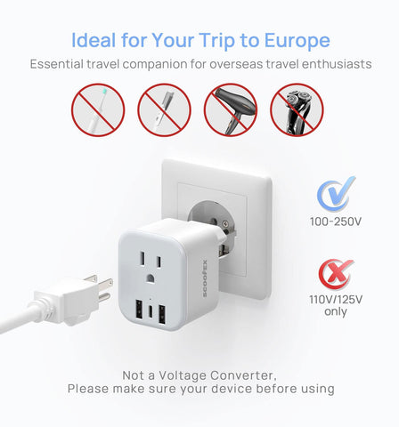 SCOOFEX EU adapter with Type C and Type L compatibility across major European destinations.