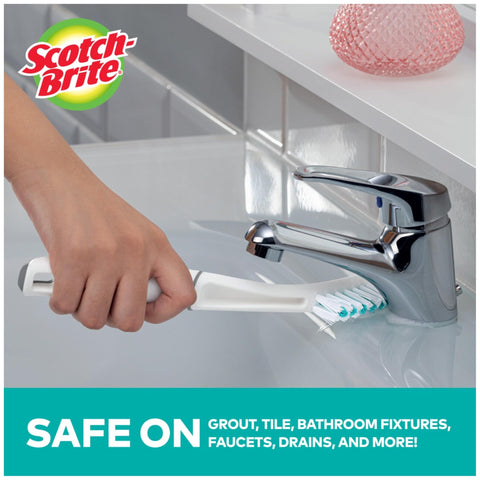 Scotch-Brite Tile & Grout Brush in bathroom setting for deep tile cleaning.