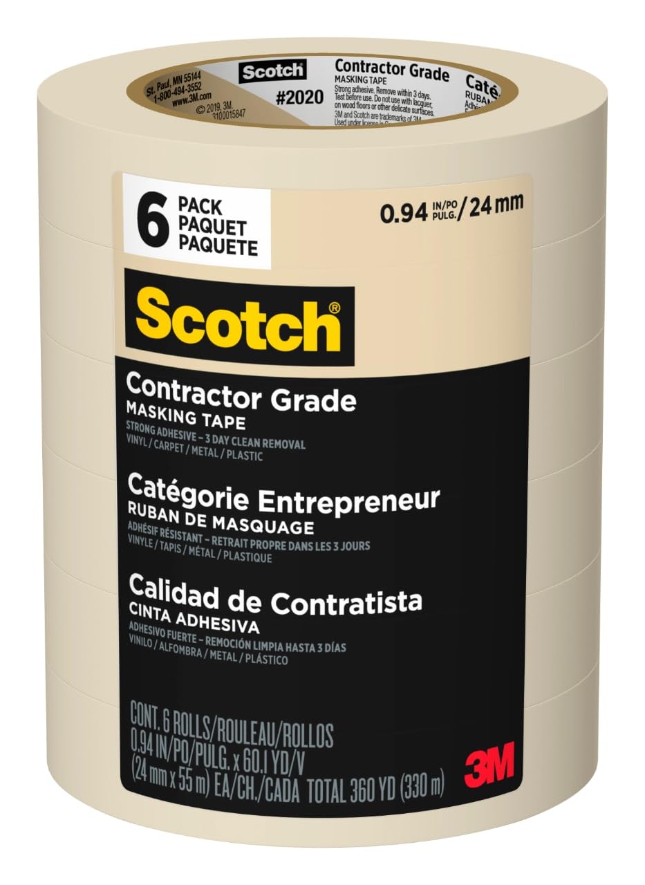 Scotch contractor-grade masking tape on packaging shows 1-inch width for versatile projects.