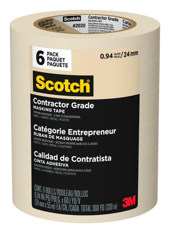 Scotch contractor-grade masking tape on packaging shows 1-inch width for versatile projects.