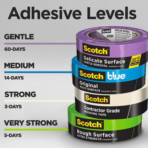 Scotch contractor-grade masking tape adheres to vinyl, metal, and plastic