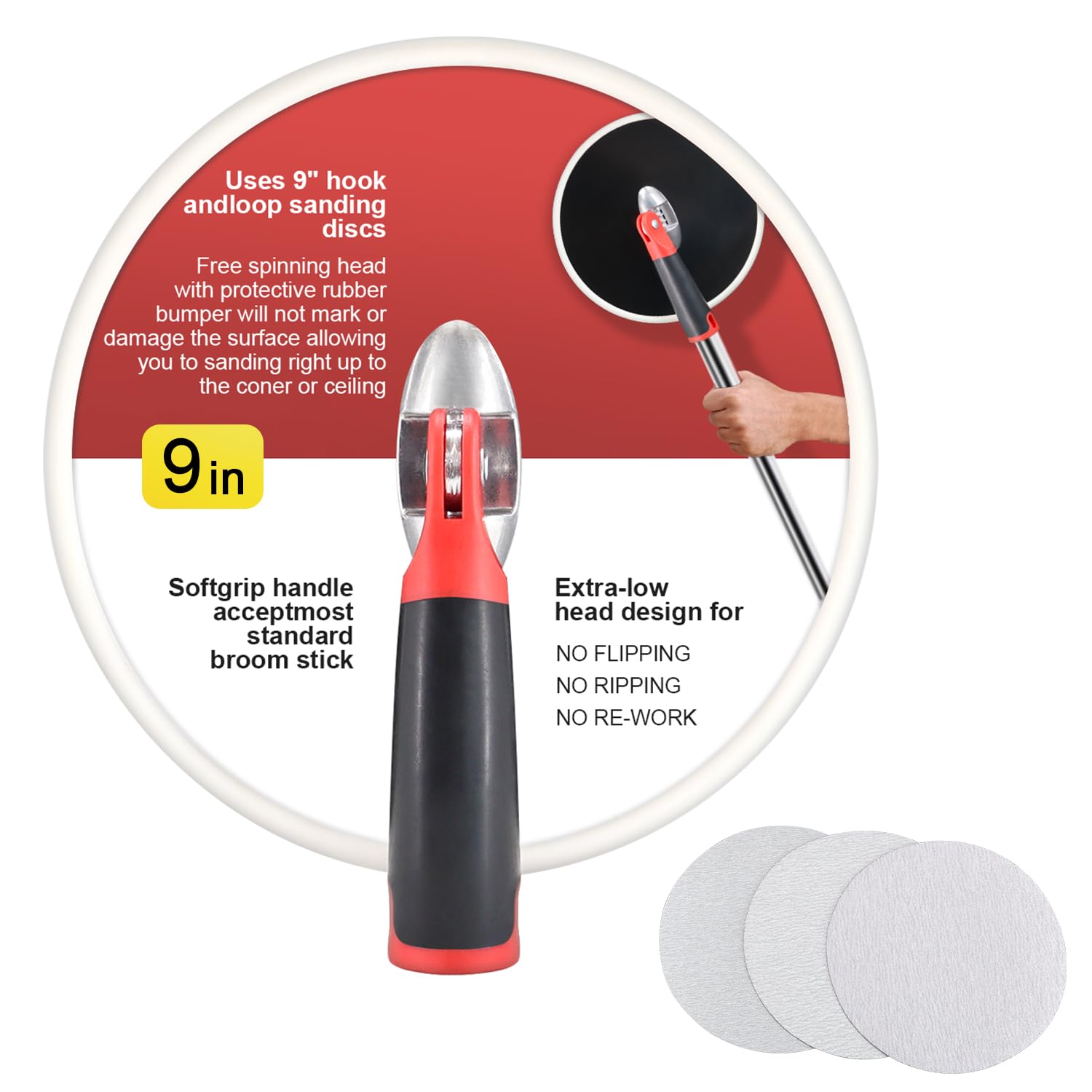 Scottchen drywall sander 9-inch round with comfortable grip for smooth wall finishing.
