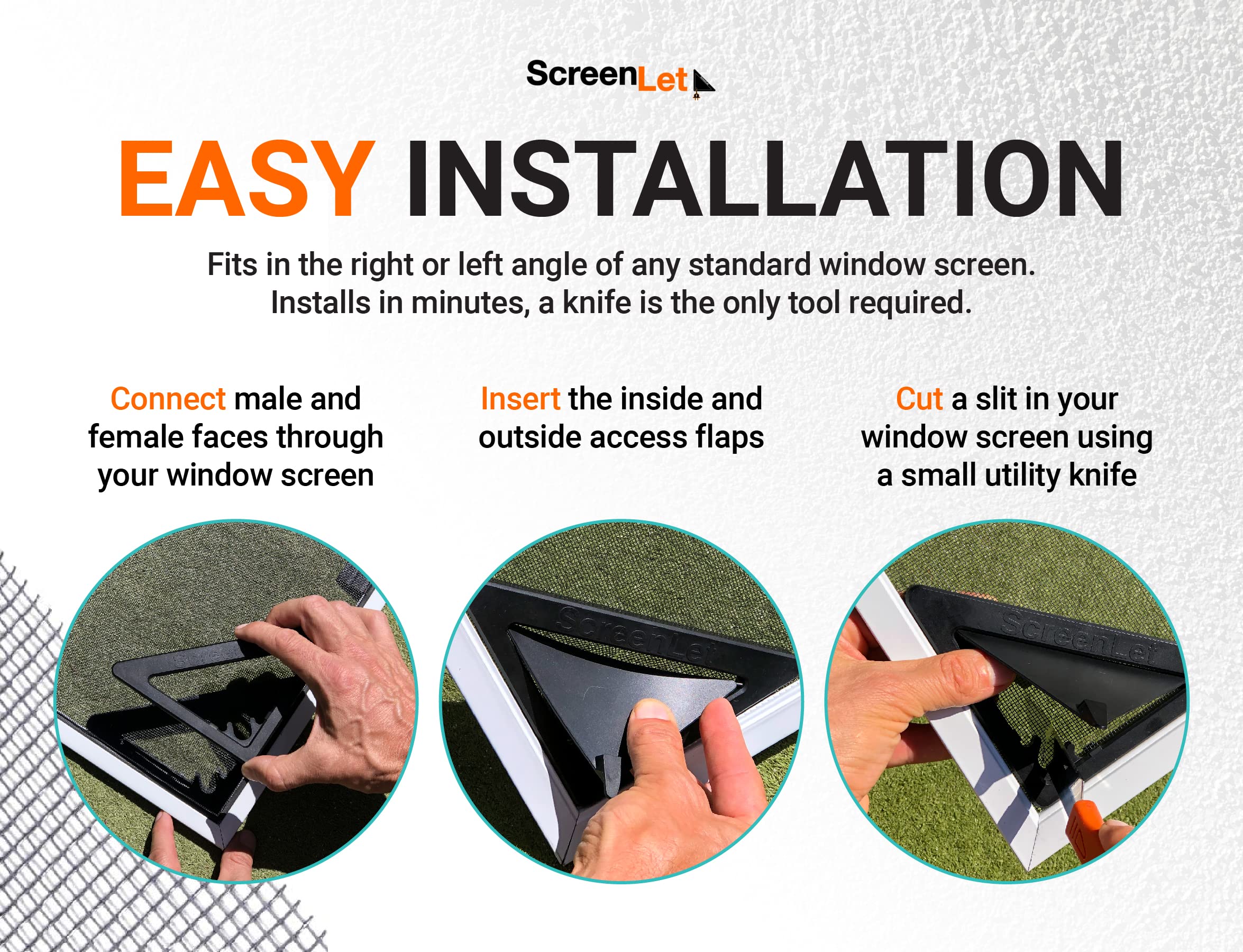 ScreenLet window screen clip shows quick, tool-free installation.