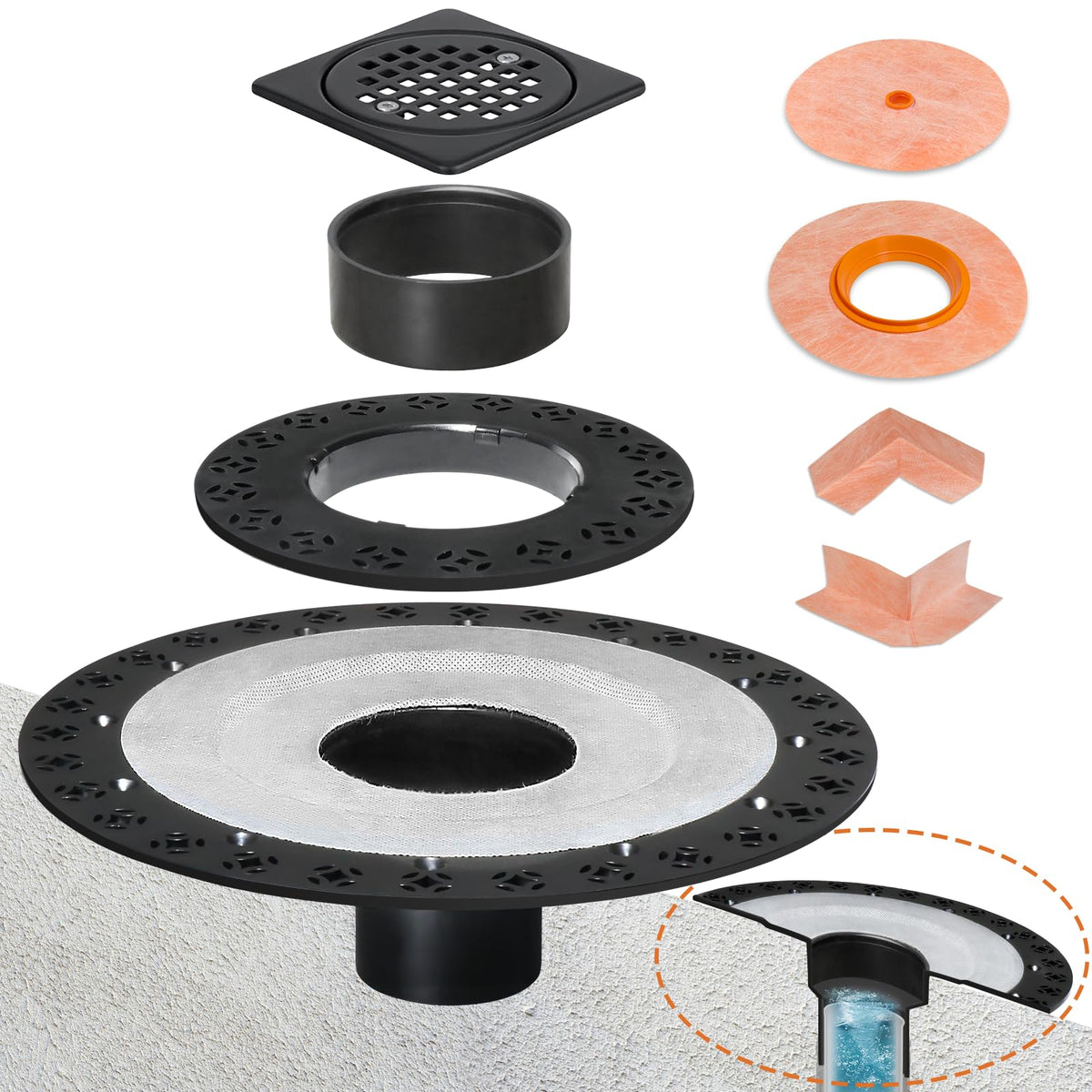 Sdanbom 2in shower drain kit flange close-up, durable finish for easy tile integration