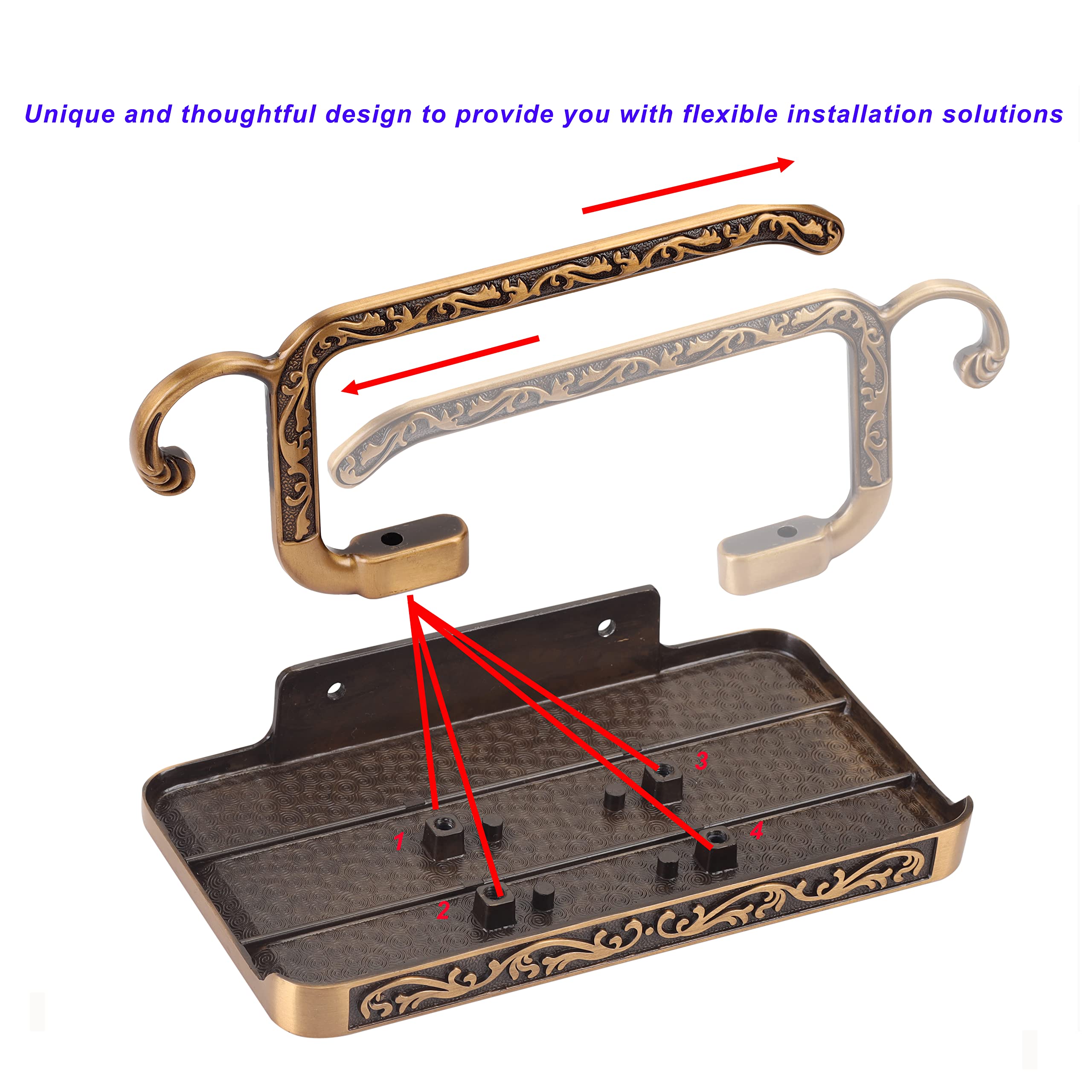 SDH antique brass toilet paper holder with phone storage offers convenient space.