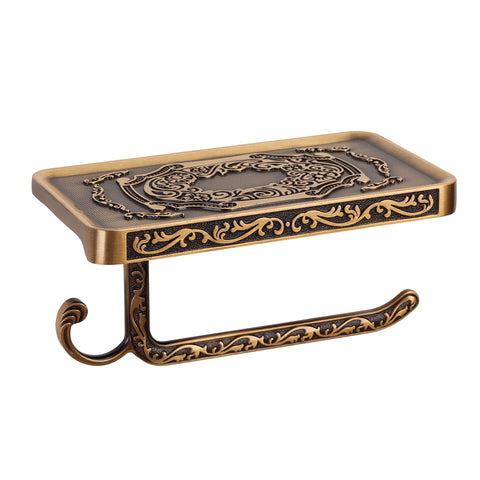 SDH antique brass toilet paper holder with shelf for organized bathroom storage.
