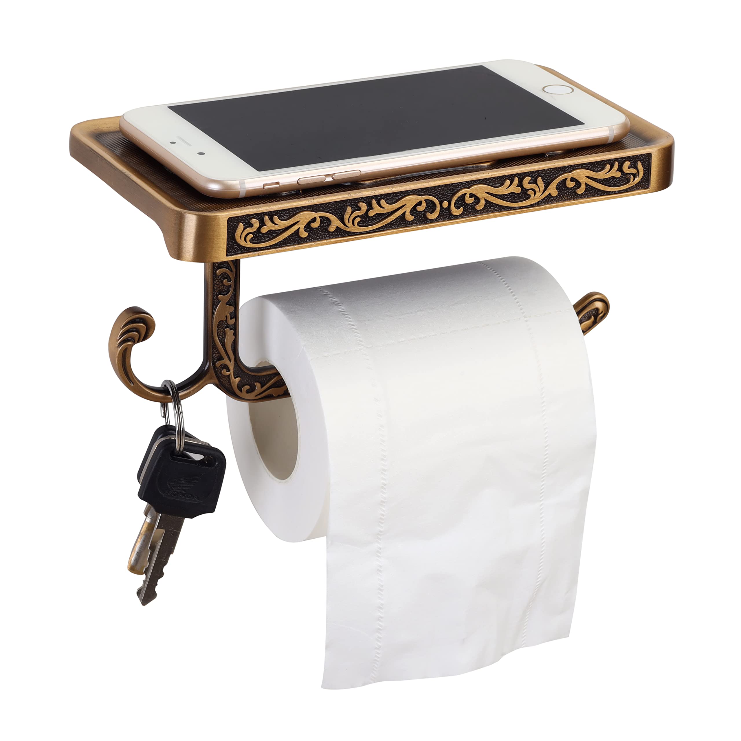 SDH antique brass wall-mount toilet paper holder keeps tissue within easy reach.