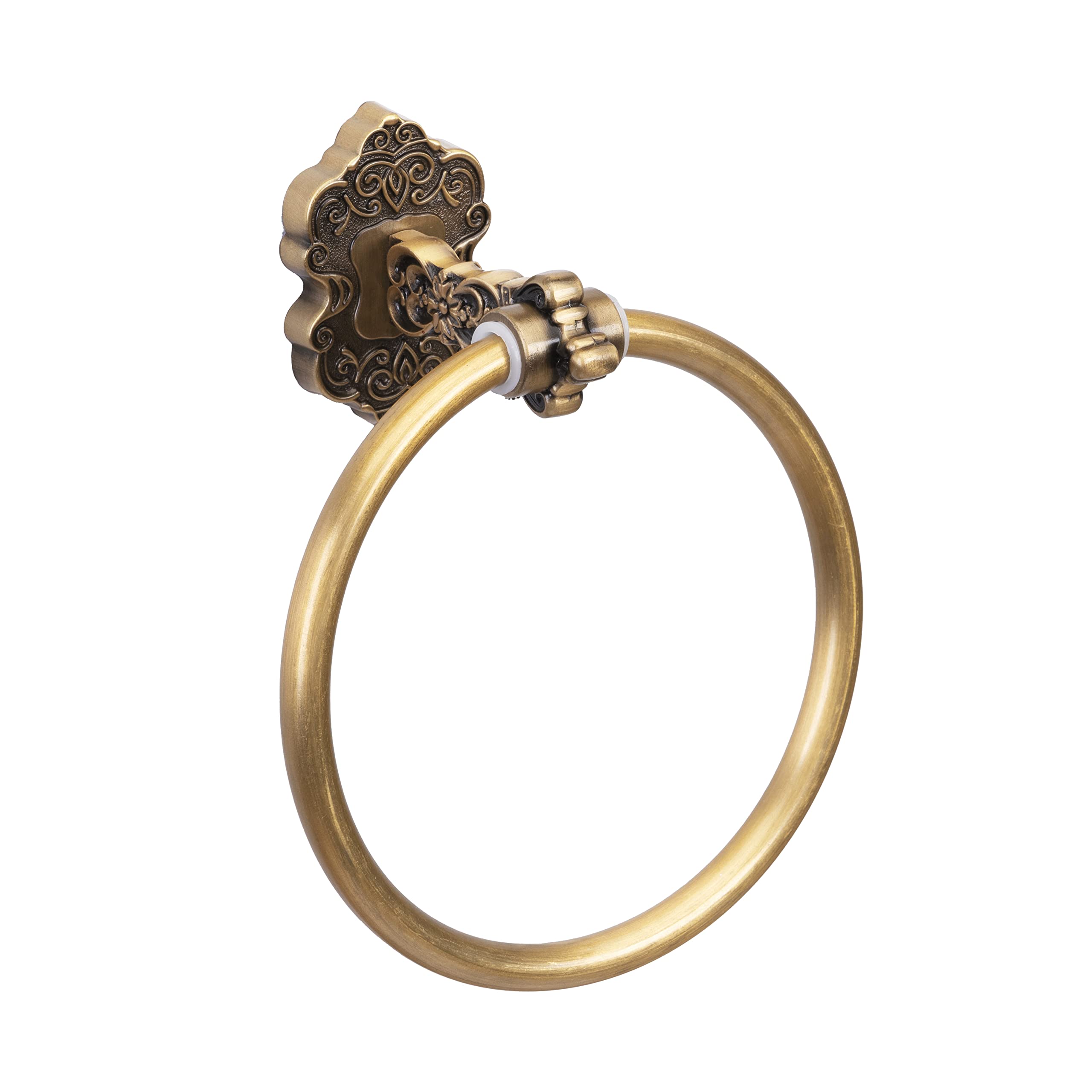 SDH vintage brass towel ring on wall for elegant bathroom storage.