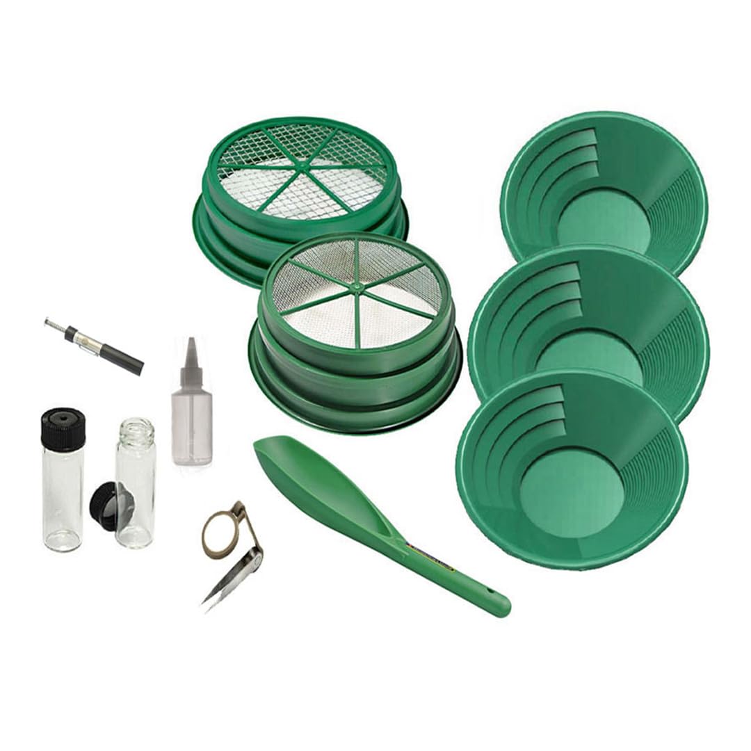SE 11-piece gold panning kit with 8-inch pan and dual riffles for trapping fine gold.