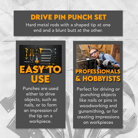 SE brass pin punch set sizes display from 1/16 to 5/16 inch