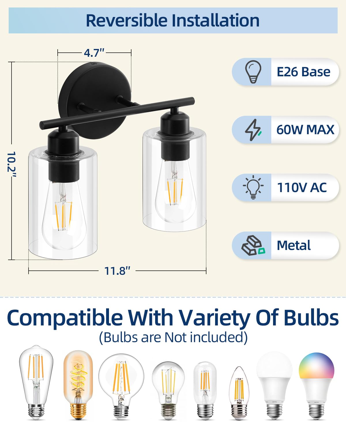 SEABLE bathroom vanity light with clear glass shades for bright mirror visibility.