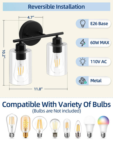 SEABLE bathroom vanity light with clear glass shades for bright mirror visibility.
