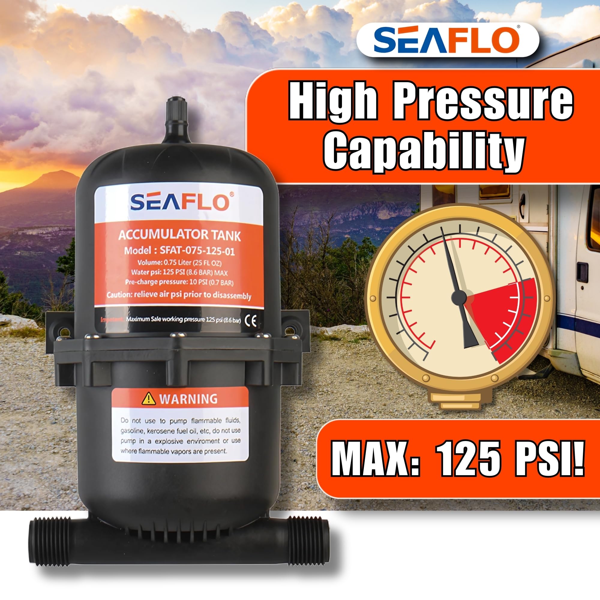 SEAFLO accumulator tank quiet operation showing dampened vibrations