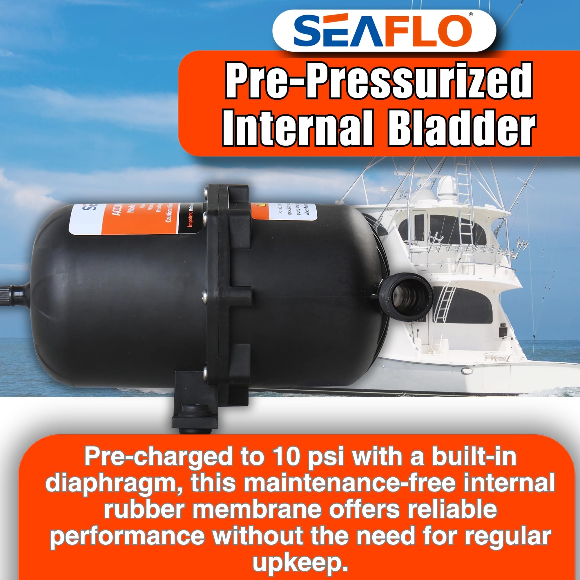 SEAFLO accumulator tank in RV setup showing vertical orientation