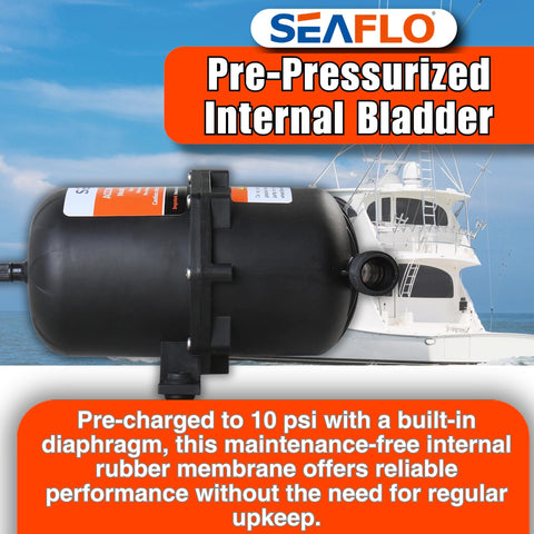 SEAFLO accumulator tank in RV setup showing vertical orientation