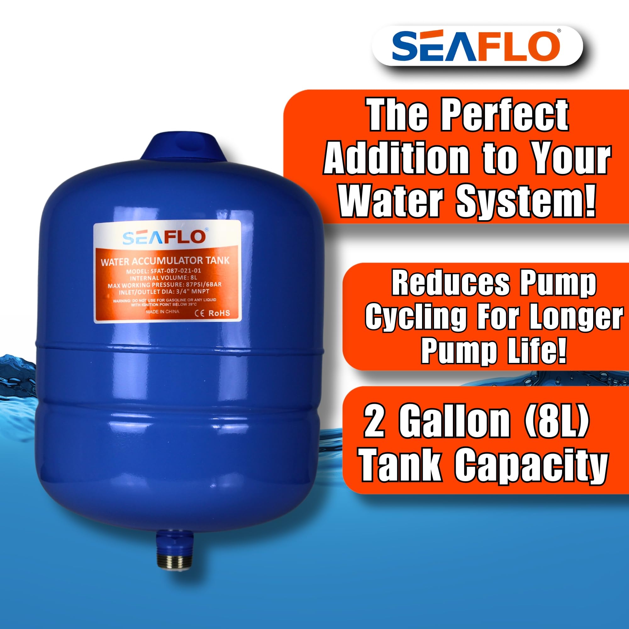 SEAFLO accumulator with Schrader valve allows quick pressure adjustments