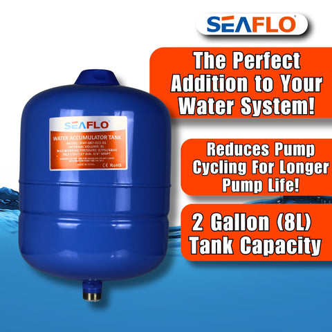 SEAFLO accumulator with Schrader valve allows quick pressure adjustments