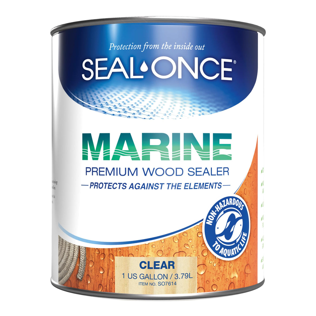 Seal-Once Marine bottle close-up: a water-based sealer for outdoor wood protection.
