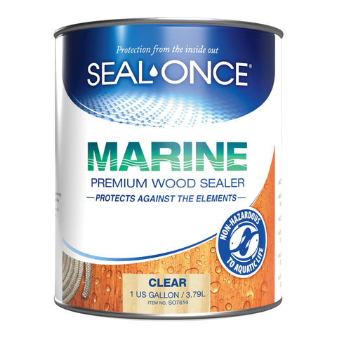 Seal-Once Marine bottle close-up: a water-based sealer for outdoor wood protection.