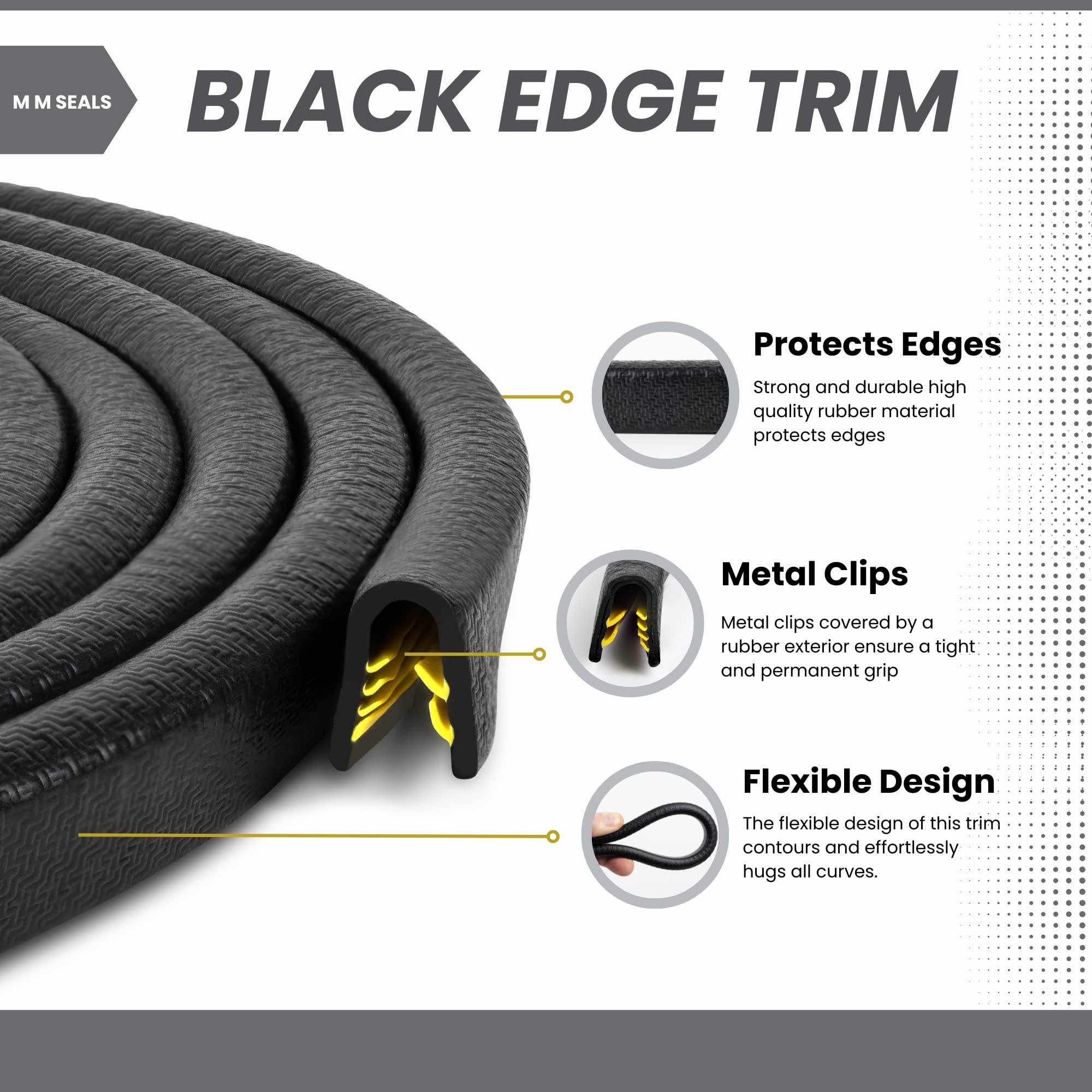 Seal Rubber edge trim installation demonstrates flexible, adhesive-free fit along metal edges.