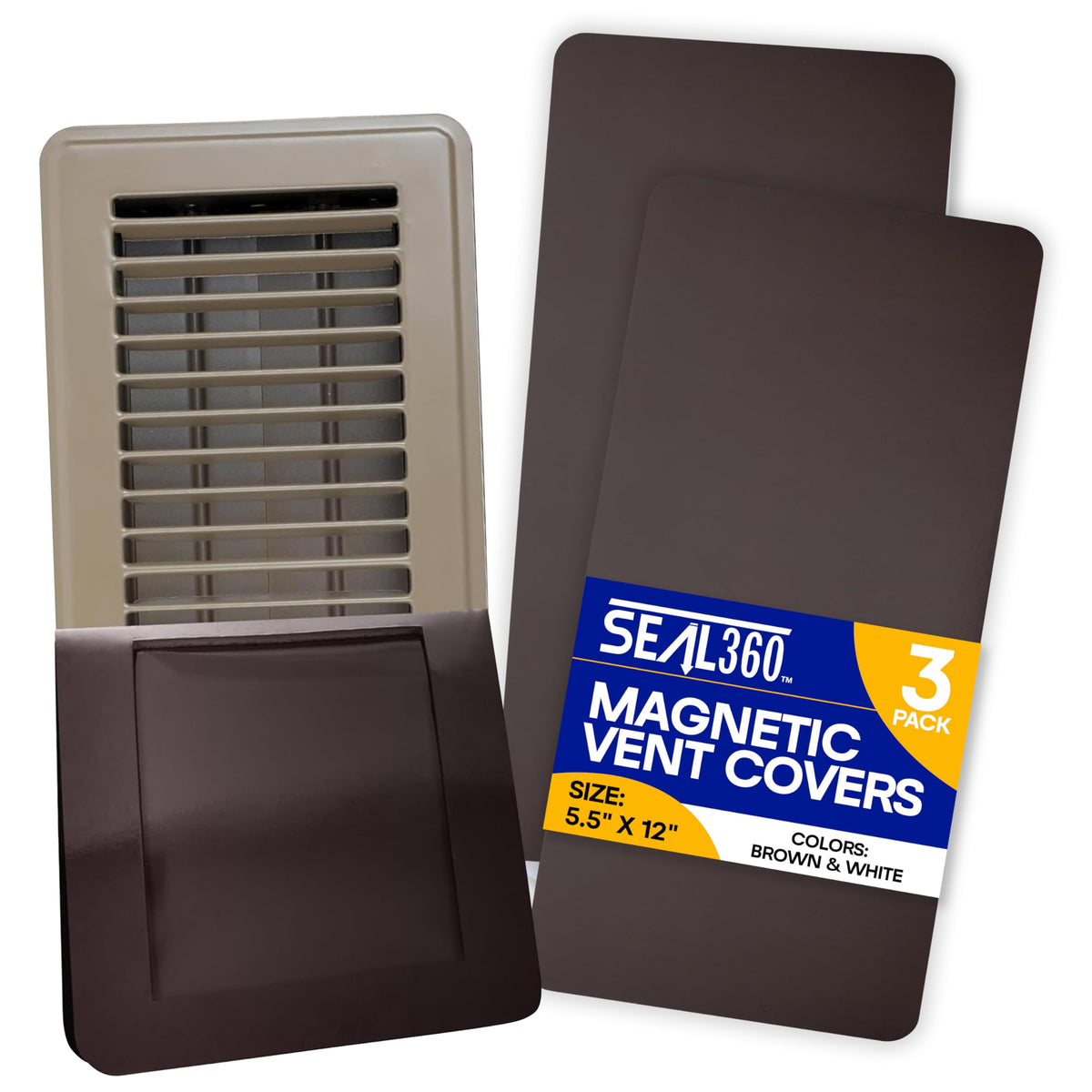 SEAL360 magnetic vent covers 3-pack on a steel vent showing complete seal.