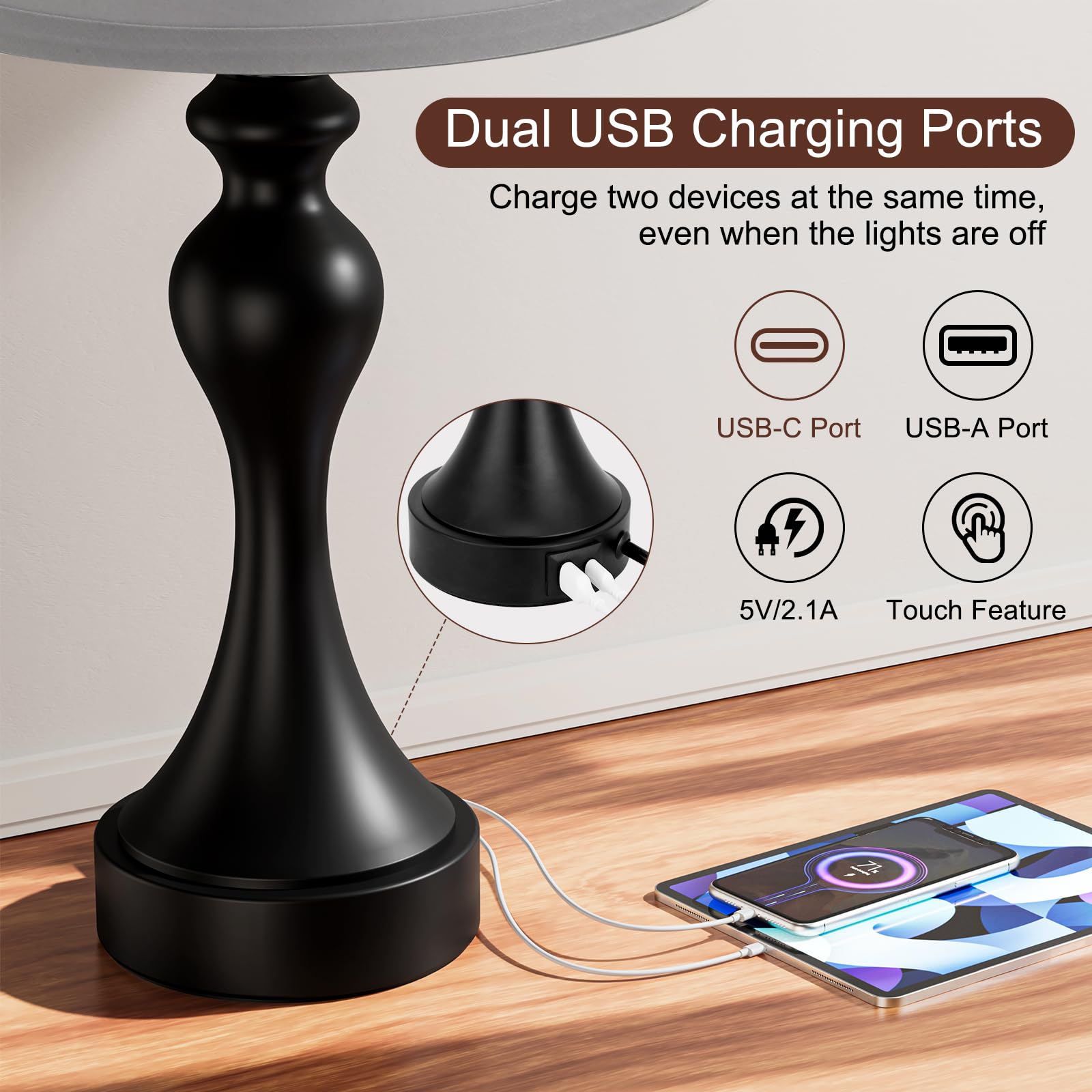 Seealle 3-way dimming on the nightstand lamp for tailored brightness.