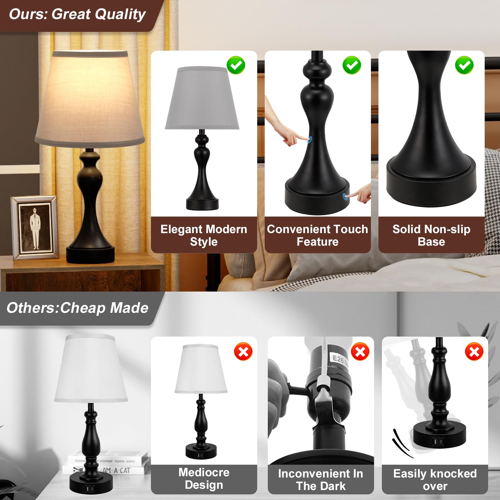 Seealle black and grey finish complements any nightstand or end table.