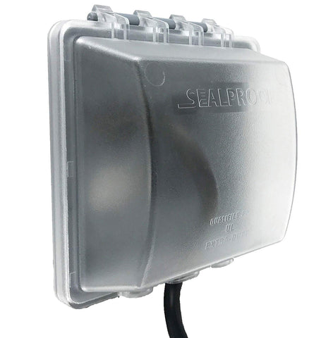 Sealproof 2-Gang outlet box side profile shows rugged die-cast aluminum construction.