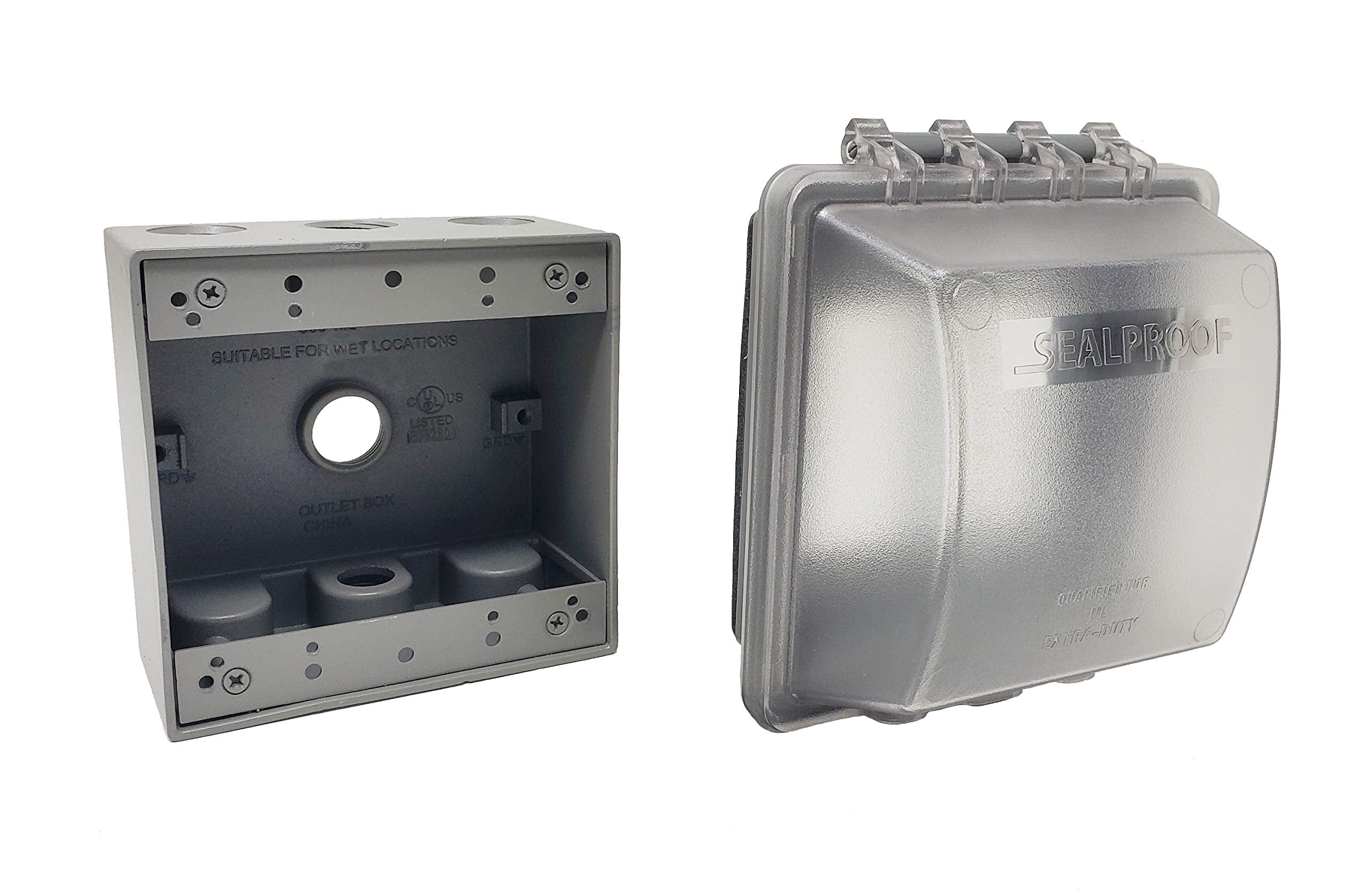 Sealproof 2-Gang outlet cover front view protects outdoor circuits from rain.