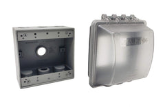 Sealproof 2-Gang outlet cover front view protects outdoor circuits from rain.