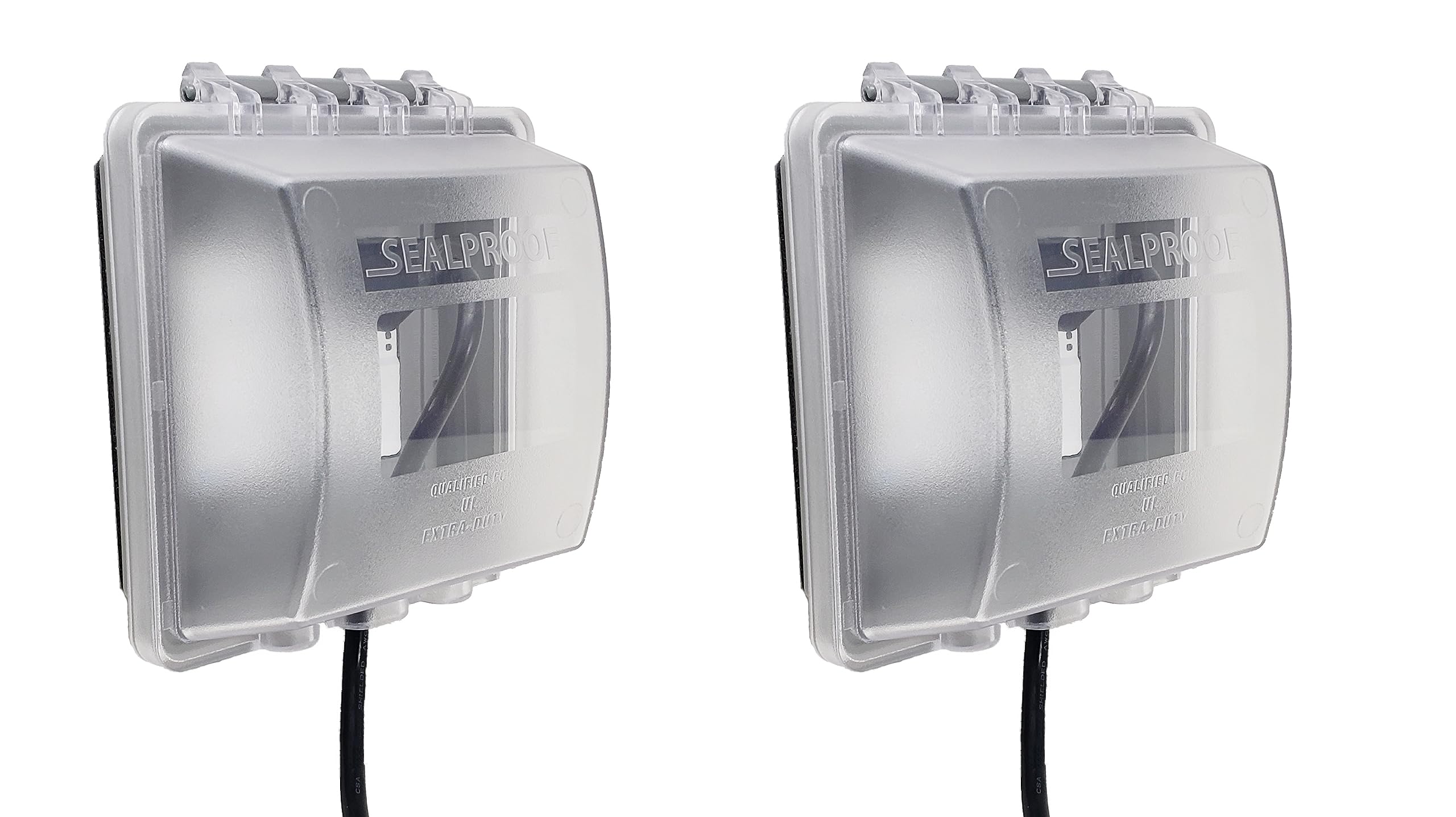 Sealproof 2-Gang Weatherproof Outlet Cover, left view showing protective design for outdoor use