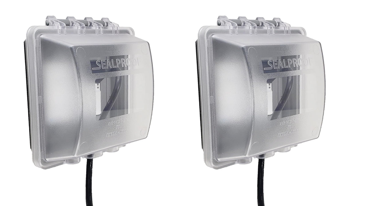 Sealproof 2-Gang Weatherproof Outlet Cover, left view showing protective design for outdoor use