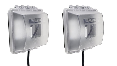 Sealproof 2-Gang Weatherproof Outlet Cover, left view showing protective design for outdoor use