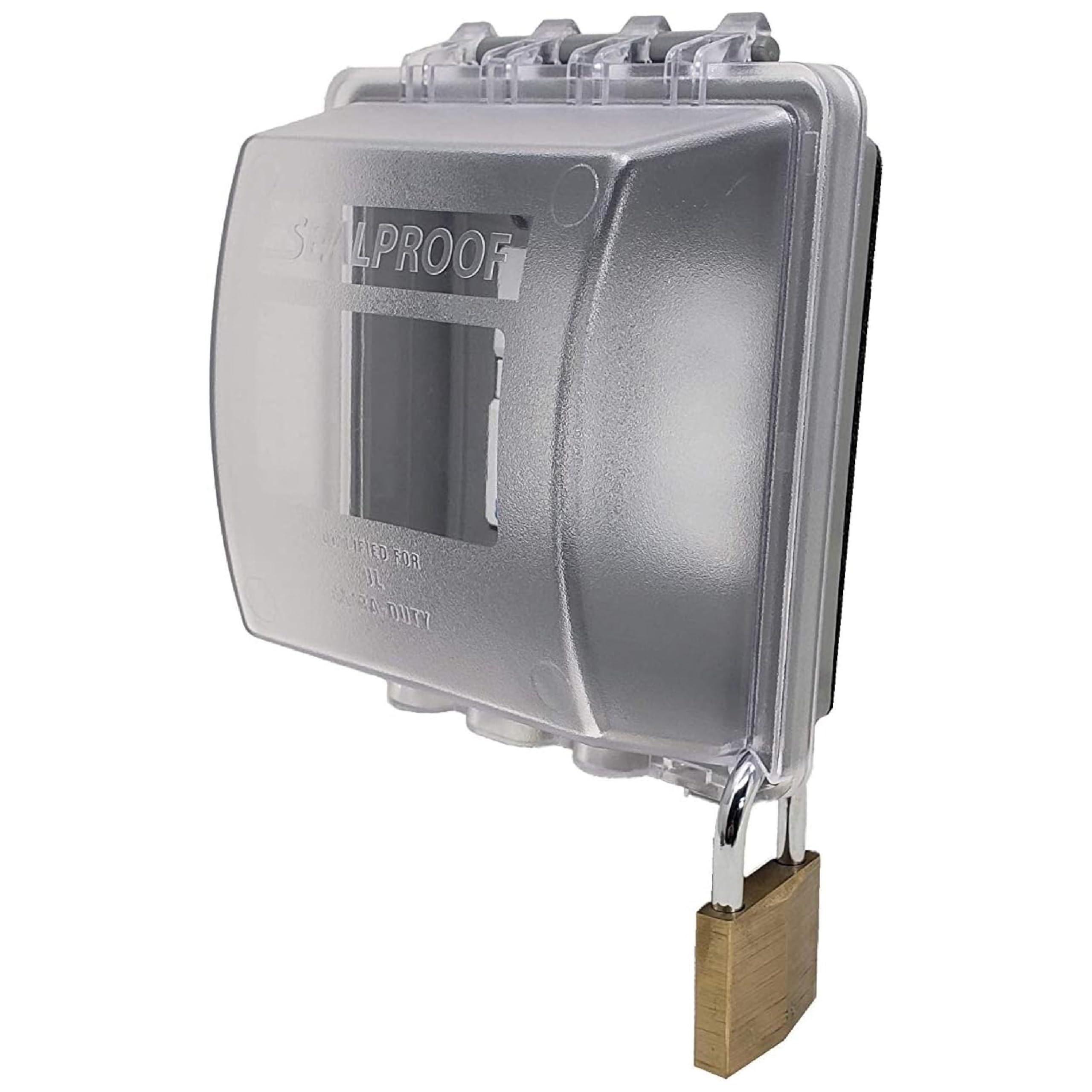 Sealproof lockable in-use outlet cover secures outlets during use