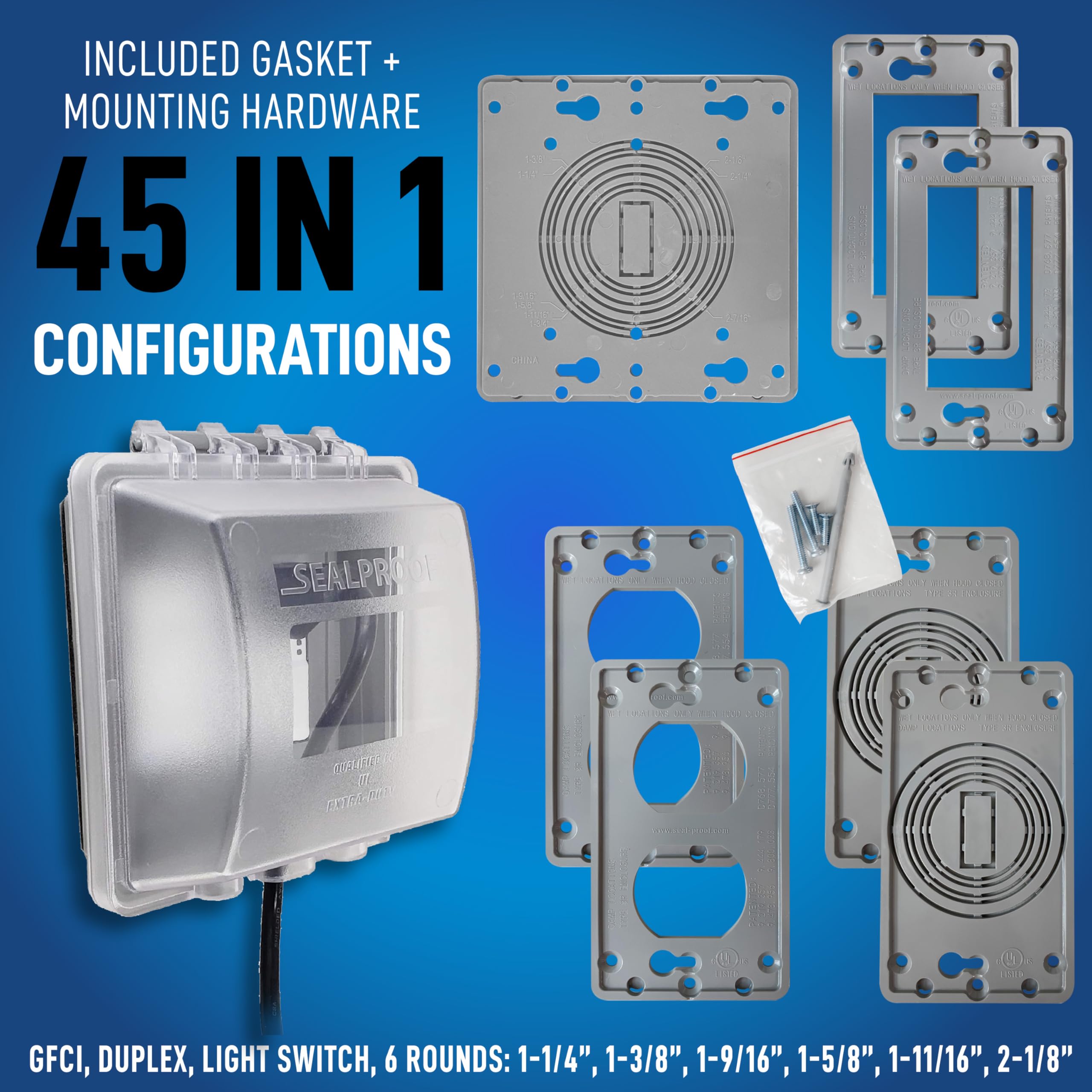 Sealproof outlet cover with gasket and mounting hardware for secure installation