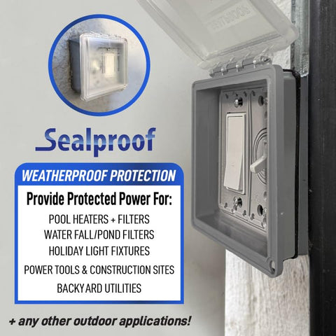 Sealproof Slim 2-Gang non-metallic clear frosted cover for clean exterior aesthetics.