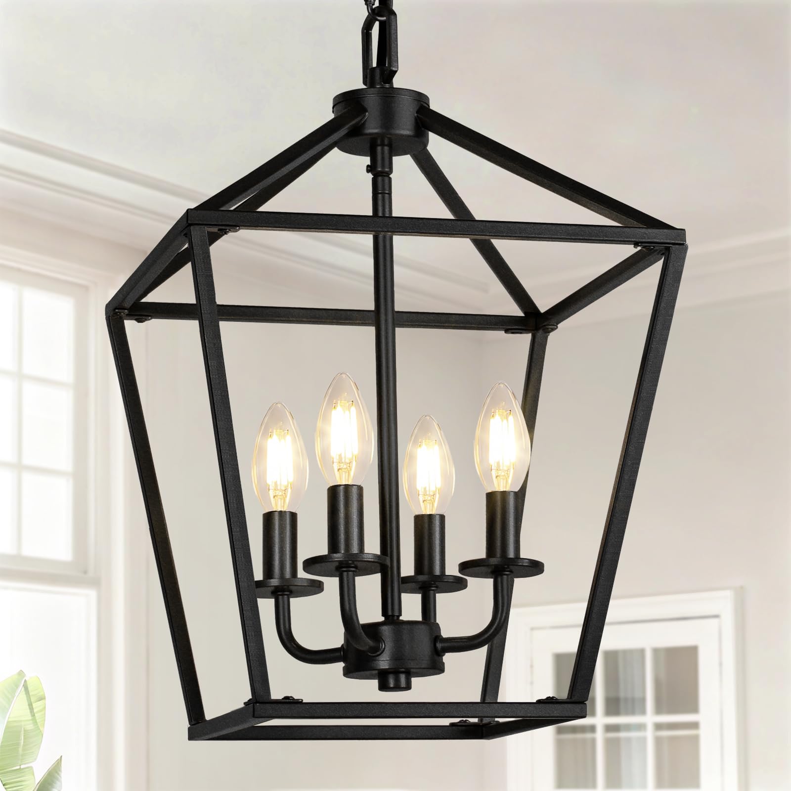 Seaside Village 4-light chandelier with black cage for farmhouse charm.