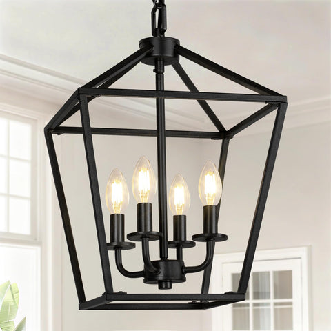 Seaside Village 4-light chandelier with black cage for farmhouse charm.