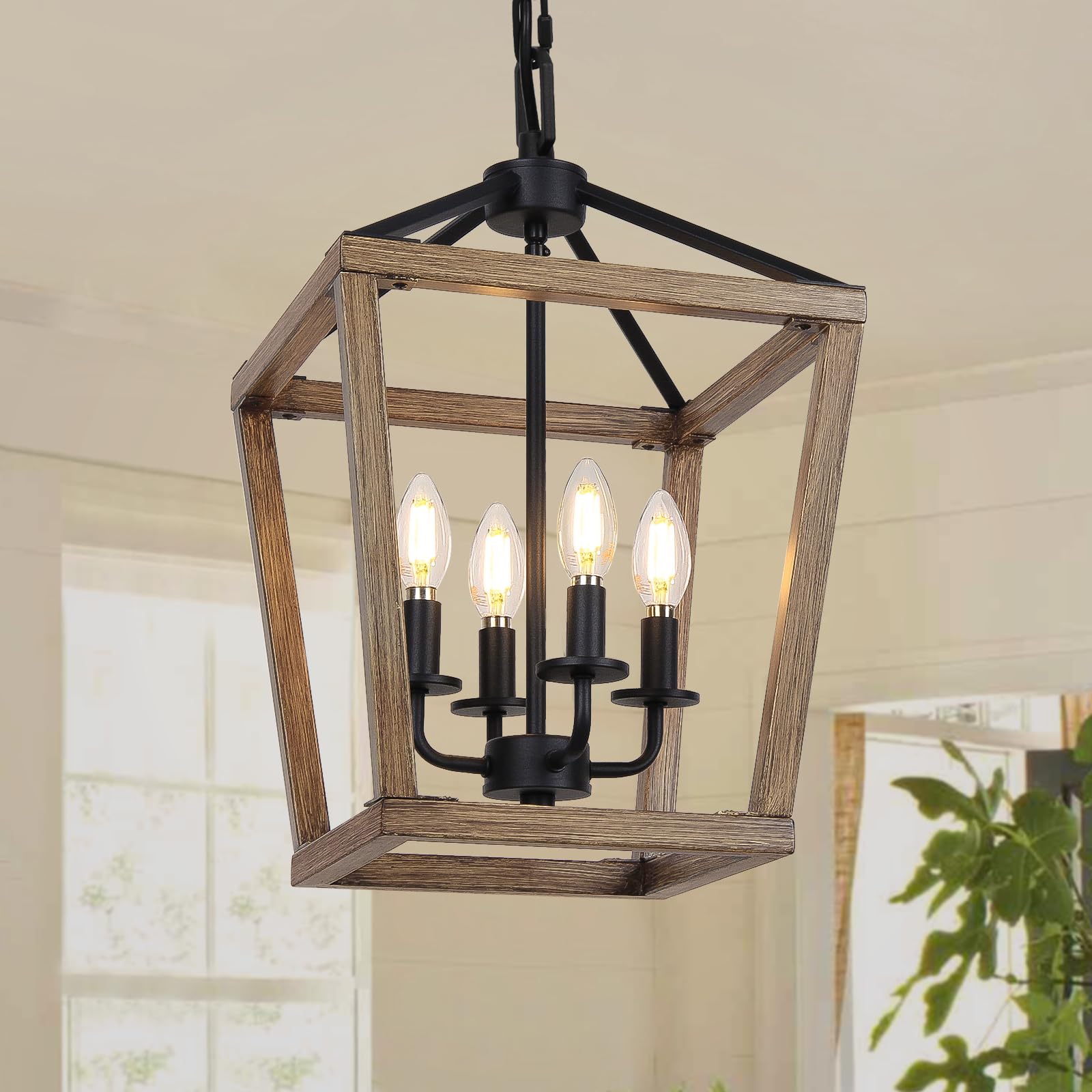 Seaside Village 4-light farmhouse chandelier with wood cage elevates entryway ambiance.
