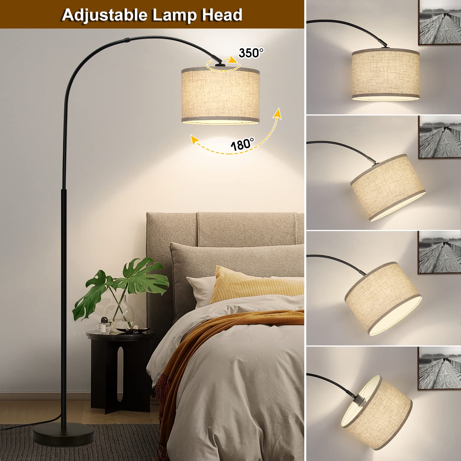 Seaside Village Arc Floor Lamp drum shade highlights adjustable light direction.