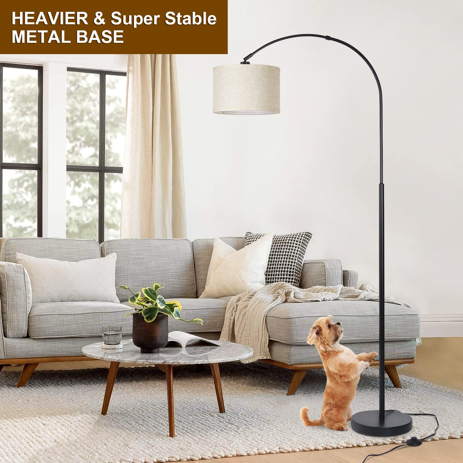 Seaside Village Arc Floor Lamp living room setup complements couches and seating areas.
