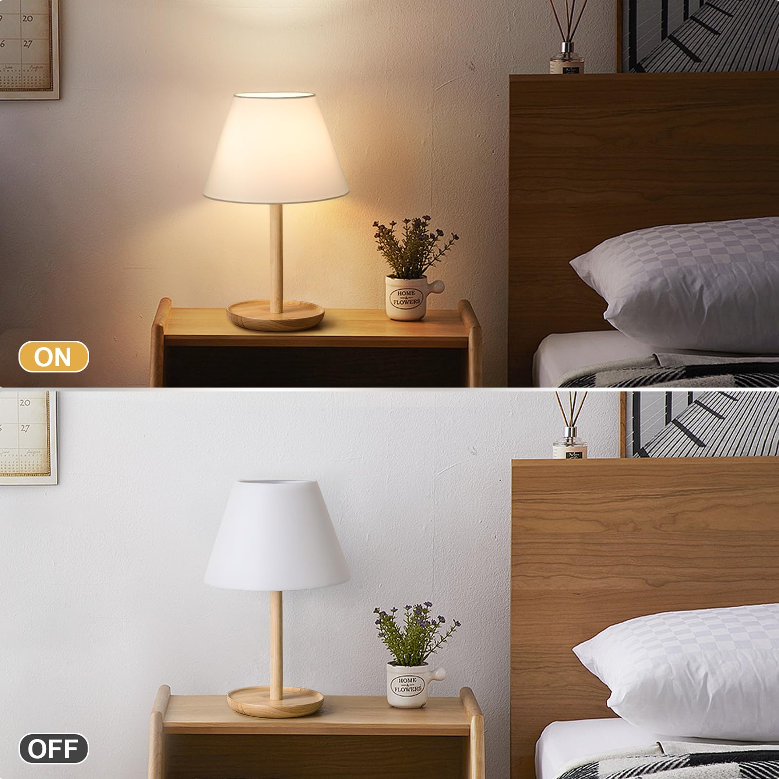 Seaside Village bedside lamp shades in white fabric for a clean look.