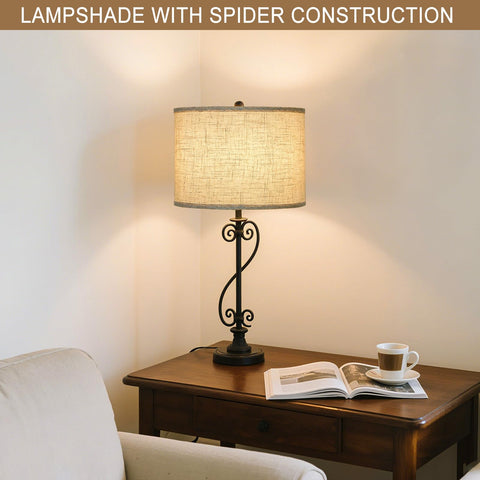 Seaside Village beige drum lampshade on table lamp, warm diffusion.