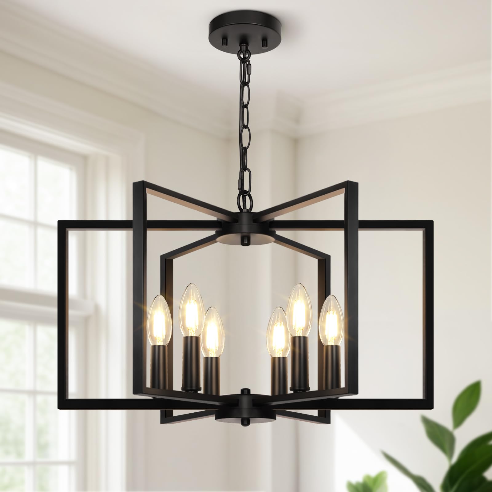 Seaside village Black Farmhouse Chandelier with six geometric frames above dining table